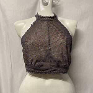 Saki Silver Bra Top Womens Size Medium Ivory Halter Wireless Lined Lace